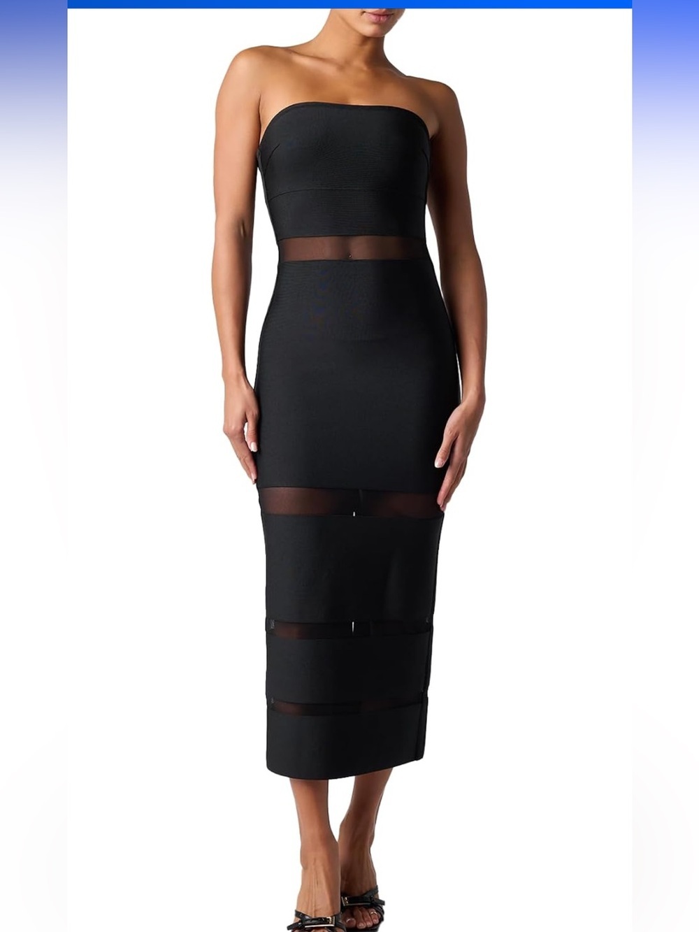 Britty Bandage Midi Dress Strapless Bodycon With Mesh Panels And Kick Pleat
